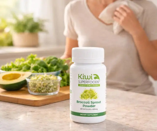 Broccoli sprouts beside a minimalist supplement bottle illustrating a guide to the best sulforaphane supplements in NZ