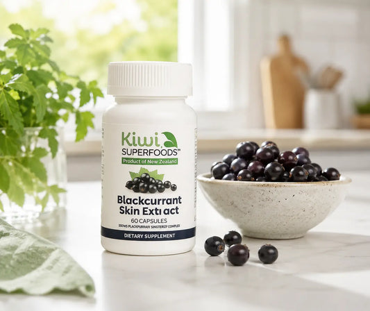 Kiwi Superfoods Blackcurrant Skin Extract with fresh blackcurrants for a black currant seed extract NZ buying guide