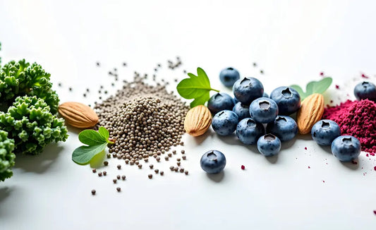 Young broccoli sprouts, dark NZ blackcurrants and gold and green kiwifruit representing Kiwi Superfoods NZ-grown ingredients