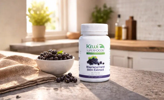 NZ-grown blackcurrants beside capsules illustrating berry polyphenols and blackcurrant skin extract