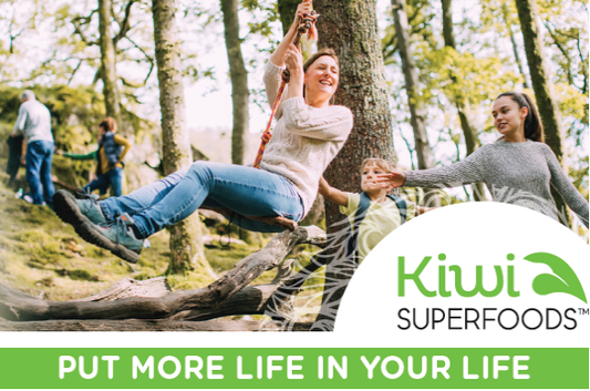 Kiwi Superfoods Put More Life in Your Life, Mother on a swing being pushed by her children.